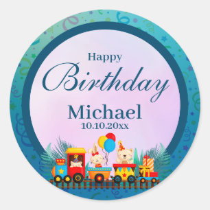 Sticker Rond Joyeux Anniversaire Train Avec Vœux Animaux Mignon