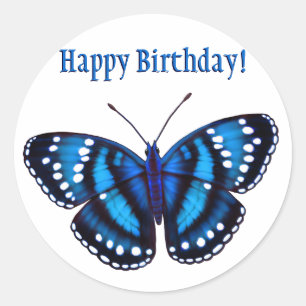 Sticker Rond Joyeux Anniversaire Tropical Blue Butterfly