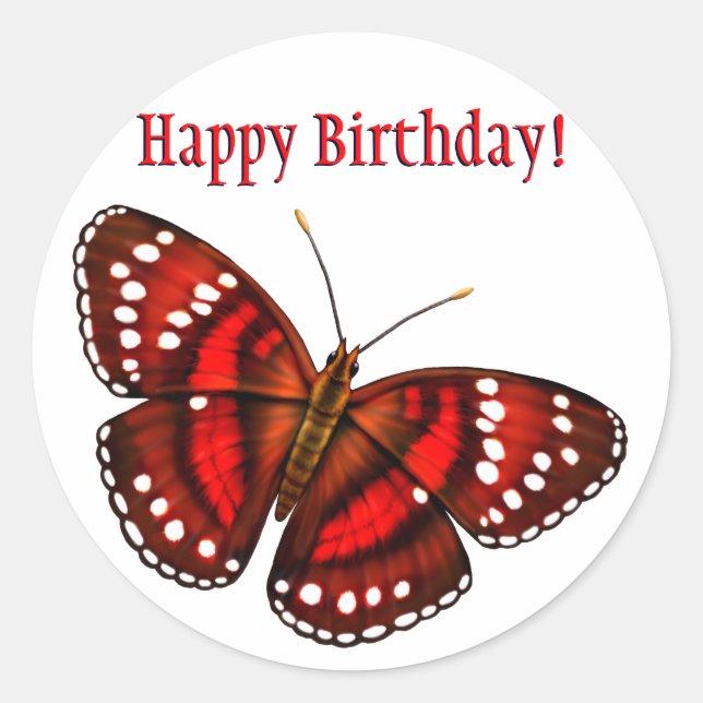 Sticker Rond Joyeux Anniversaire Tropical Cherry Papillon rouge (Devant)