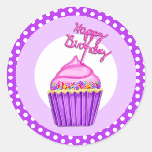 Sticker Rond Joyeux Anniversaire violet et cupcake rose 