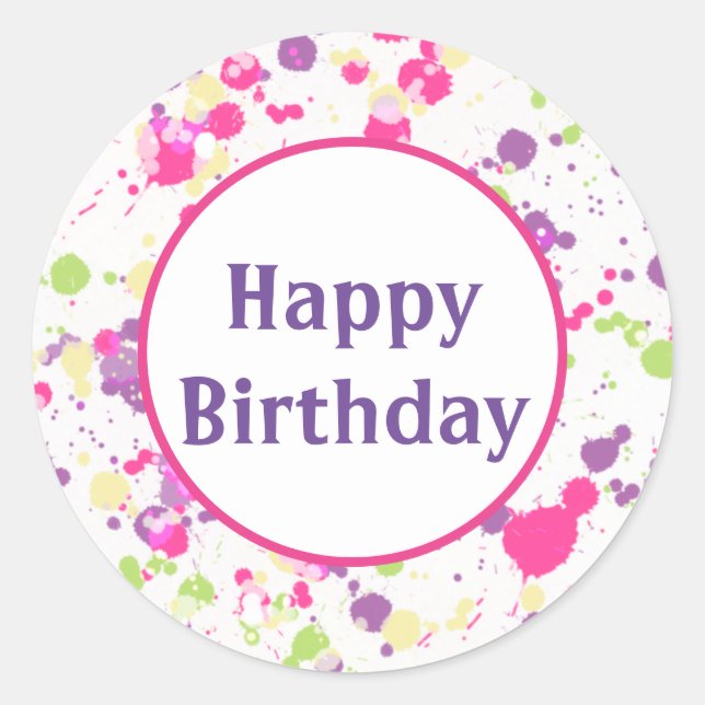 Sticker Rond Joyeux anniversaire violet rose (Devant)