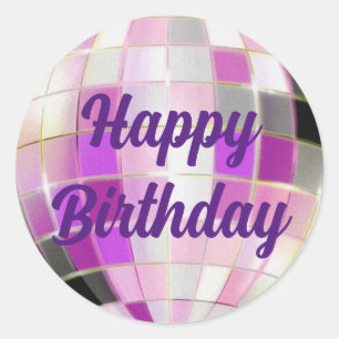Sticker Rond joyeux anniversaire violet rose disco balle