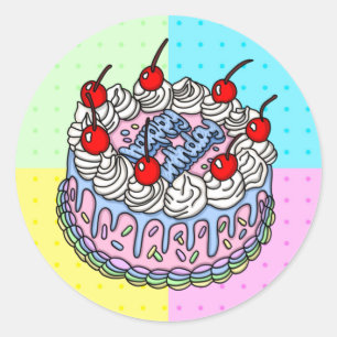 Sticker Rond Joyeux Anniversaire Whimsical Main dessiné Gâteau