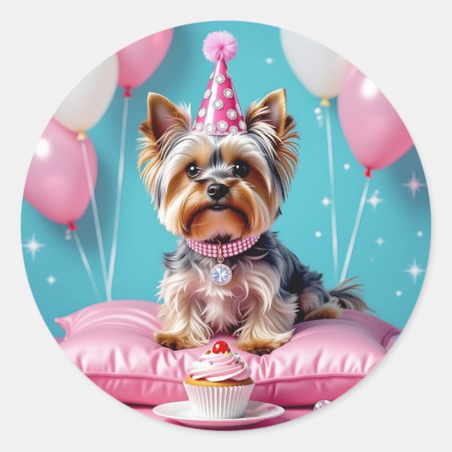 Sticker Rond Joyeux Anniversaire Yorkie Rose Mignon (Devant)