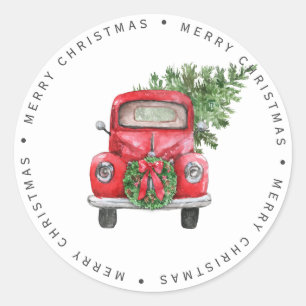 Sticker Rond Joyeux arbre de Noël Camion rouge Vintage