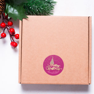 Sticker Rond Joyeux Arbre de Noël Nom de script Gold Rose