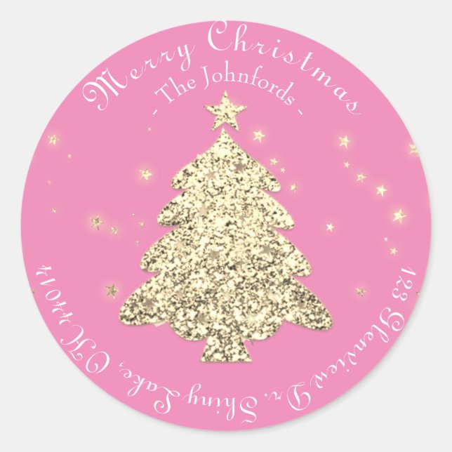 Sticker Rond Joyeux arbre de Noël RSVP salutations Gold Rose (Devant)