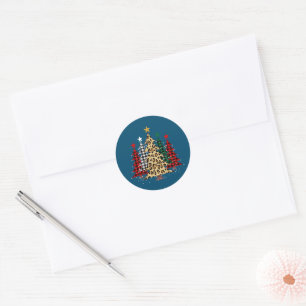 Sticker Rond Joyeux arbres de Noël avec Buffalo Plaid & Leopard