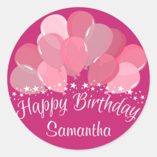 Sticker Rond Joyeux Ballons Rose Anniversaire Et Étoiles Blanch