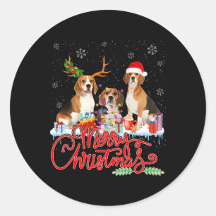 Sticker Rond Joyeux Beagle de Noël Chien Père Noël Reindeer Lig