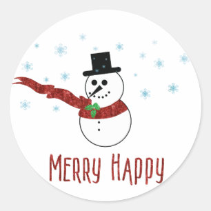 Sticker Rond Joyeux bonhomme de neige avec écusson rouge
