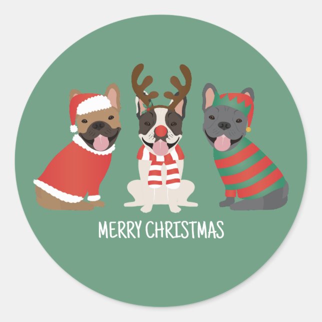 Sticker Rond Joyeux Buldogs français de Noël (Devant)