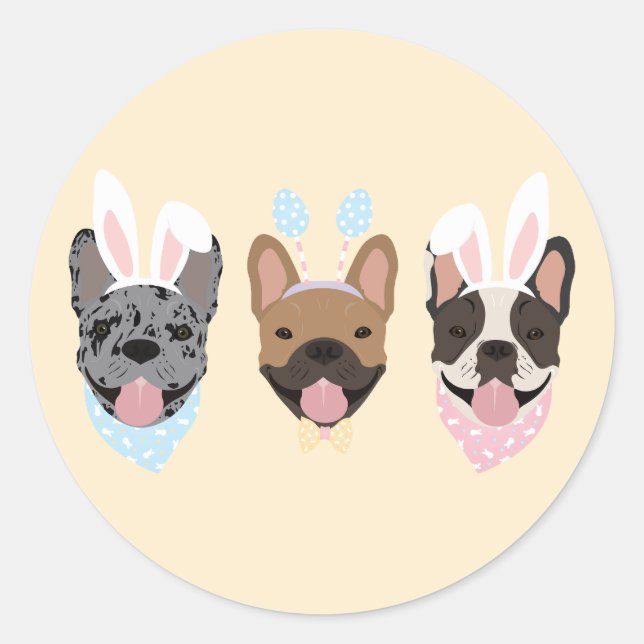 Sticker Rond Joyeux Bulldogs français de Pâques (Devant)