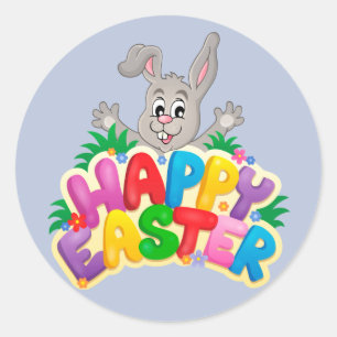 Sticker Rond Joyeux Bunny de Pâques avec un texte