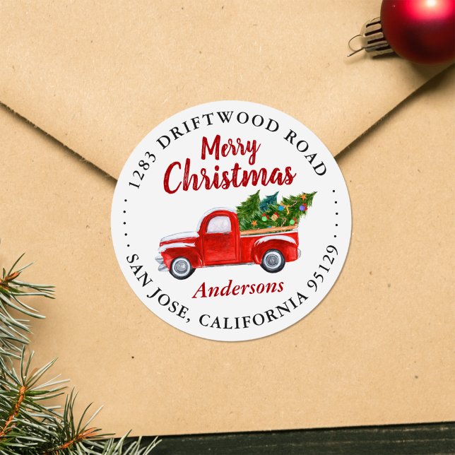 Sticker Rond Joyeux Camion de Noël et Arbres de Noël Adresse (Créateur téléchargé)