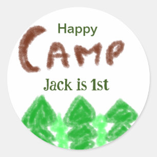 Sticker Rond Joyeux camping camper un anniversaire enfants arbr