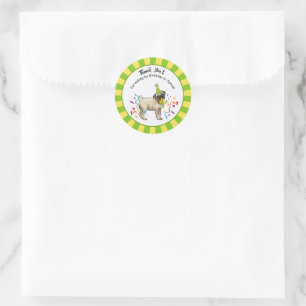 Sticker Rond Joyeux Carlin d'anniversaire Jaune Vert Faveur