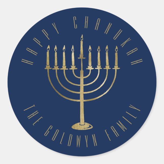 Sticker Rond Joyeux Chanukah Navy Gold Menorah Holiday (Devant)