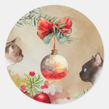 Joyeux Chats, Aquarelle Ornement et Pine Noël
