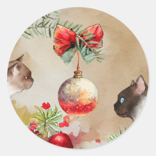 Sticker Rond Joyeux Chats, Aquarelle Ornement et Pine Noël