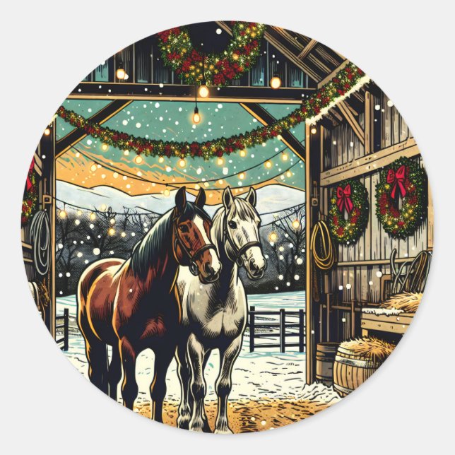 Sticker Rond Joyeux Chevaux de Cartoon de Noël (Devant)