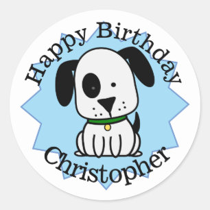 Sticker Rond Joyeux chien chiot d'anniversaire personnalisé