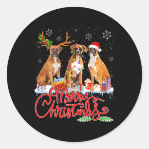 Sticker Rond Joyeux chien de Noël Boxer Père Noël Reindeer Ligh