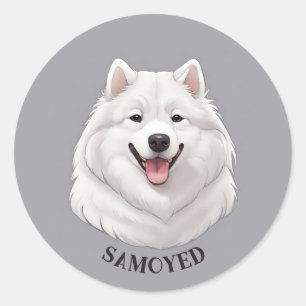 Sticker Rond Joyeux Chien Samoyé Blanc