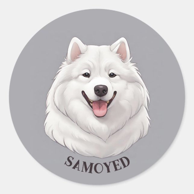 Sticker Rond Joyeux Chien Samoyé Blanc (Devant)