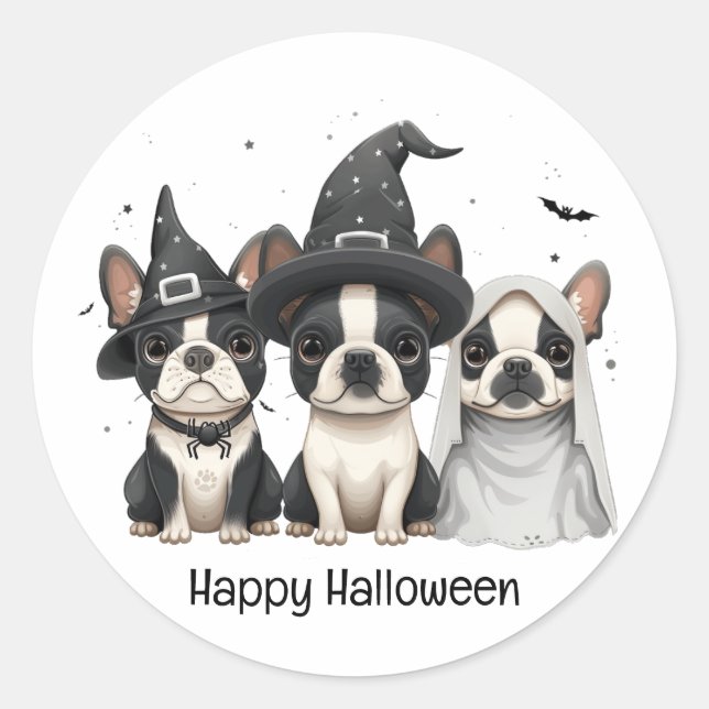 Sticker Rond Joyeux Chiens de Boston Terrier Halloween (Devant)