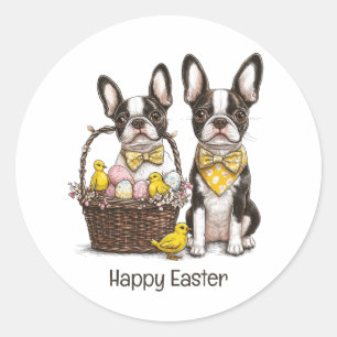 Sticker Rond Joyeux Chiens de Pâques Boston Terrier