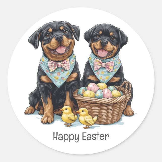 Sticker Rond Joyeux Chiens de Pâques Rottweiler Panier de Pâque (Devant)