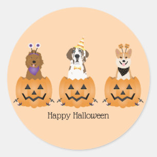 Sticker Rond Joyeux Chiens D'Halloween En Citrouille