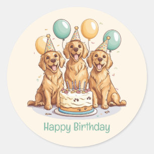 Sticker Rond Joyeux Chiens d'or d'excursion d'anniversaire