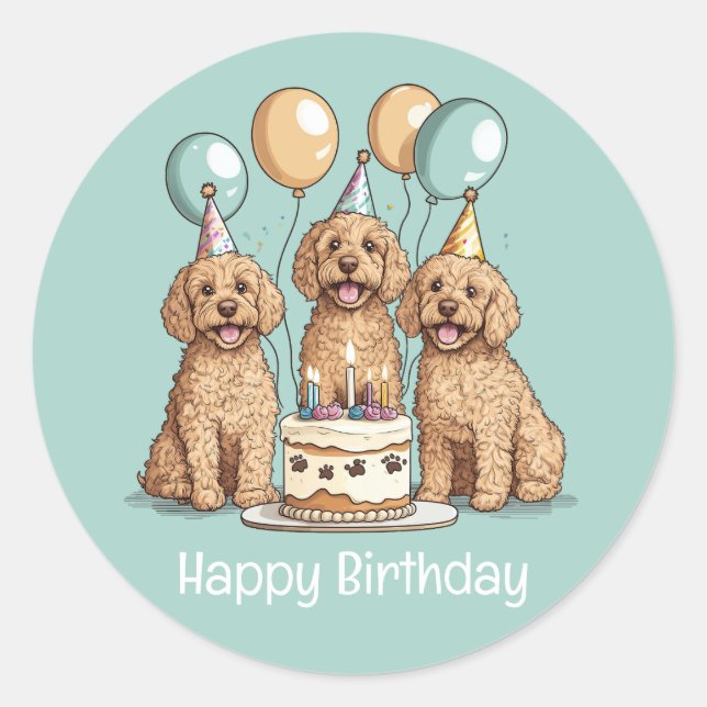 Sticker Rond Joyeux Chiens Goldendoodle Anniversaire (Devant)