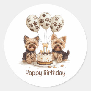 Sticker Rond Joyeux Chiens Yorkie d'anniversaire