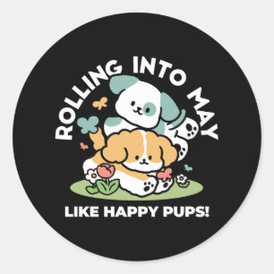 Sticker Rond Joyeux Chiots Arrivés En Mai - Kawaii Dog Art
