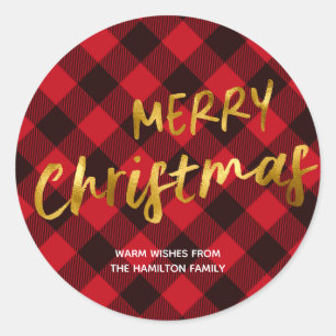 Sticker Rond Joyeux Chirstmas Buffalo Plaid et or Foil Script