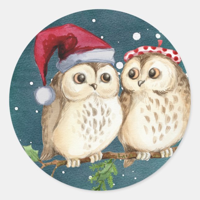 Sticker Rond Joyeux Chouettes de Noël (Devant)
