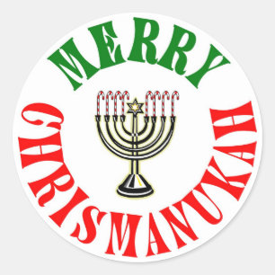 Sticker Rond Joyeux Chrismanouka- Menorah de Noël Chanukah