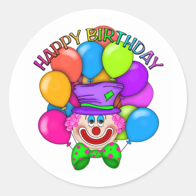 Sticker Rond Joyeux Clown et ballons d'anniversaire (Devant)