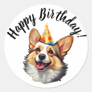 Sticker Rond Joyeux cône d'anniversaire Corgi