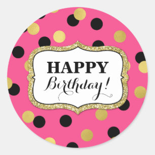 Sticker Rond Joyeux Confetti d'or noir rose Anniversaire