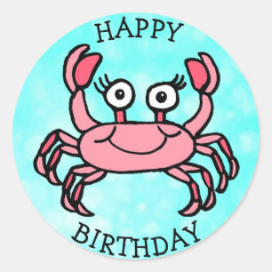 Sticker Rond Joyeux crabe rose d'anniversaire sous la mer