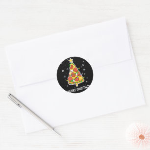 Sticker Rond Joyeux Crustmas Pizza Noël Arbre de Noël Cadeaux