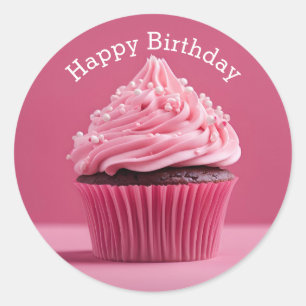 Sticker Rond Joyeux Cupcakes Anniversaire Paste Rose Round Stic