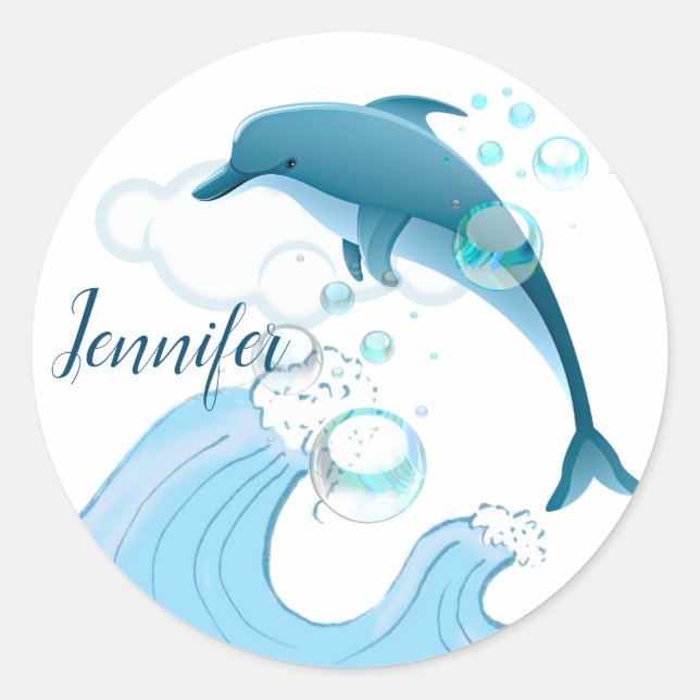Sticker Rond Joyeux dauphin de saut avec des bulles (Devant)