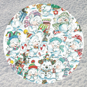 Sticker Rond Joyeux dessin animé Noël ours polaire manchot fête