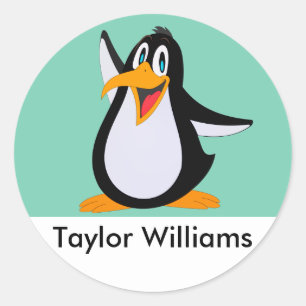 Sticker Rond Joyeux dessin de pingouin avec nom personnalisé