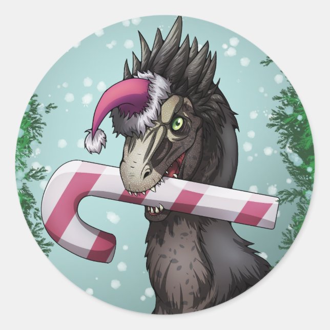Sticker Rond Joyeux dinosaure de Noël (Devant)